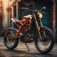 a custom motorbike in the city street. photo