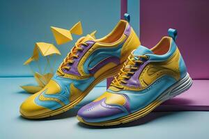 a pair of yellow and purple sneakers on a blue background. generative ai photo