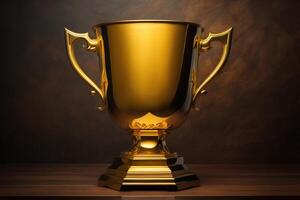 a gold trophy on a wooden table with a brown background. photo