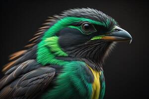 a green and yellow parrot with a black background. photo