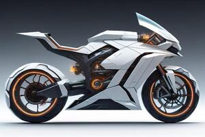 a futuristic motorcycle on a gray background with neon lights. photo