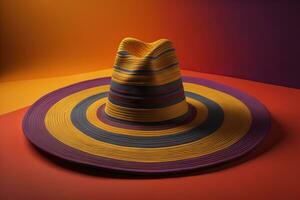 a straw hat on orange and purple background. generative ai photo