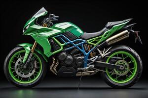 a green super sports motorcycle on a dark background. generative ai photo