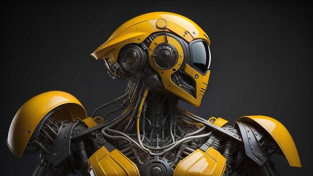 a robot with a helmet isolated on black background. photo