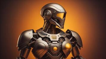 a robot with helmet and armor isolated on orange background. generative ai photo