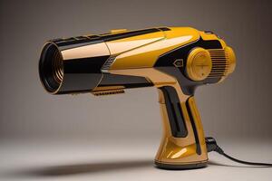 a yellow hair dryer on a gray background. photo