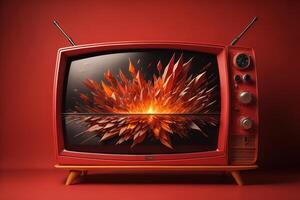 un antiguo televisión en un rojo antecedentes con un vistoso explosión. generativo ai foto