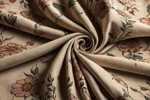 close up of a beige fabric with floral pattern, studio shot. photo