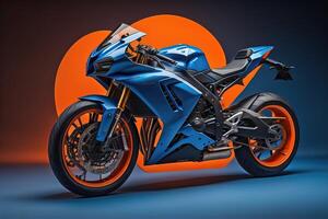 blue sport motorbike on blue background with orange sun. photo