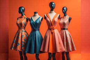 fashionable summer dresses on mannequins in store showroom. photo