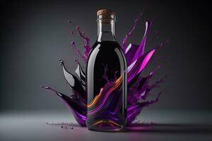 bottle of red wine with splashes on a black background. photo