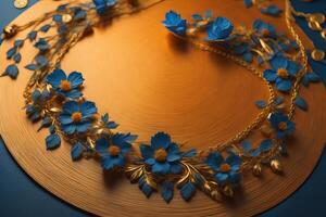 golden necklace with flowers on a blue background. photo