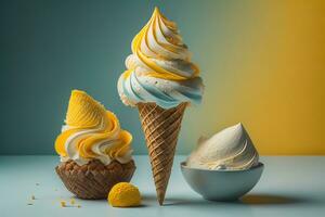 ice cream in a waffle cone on a blue and yellow background. generative ai photo
