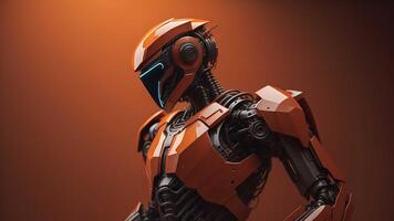 humanoid robot or cyborg with orange and black background. photo