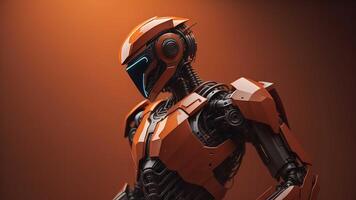 humanoid robot or cyborg with orange and black background. generative ai photo