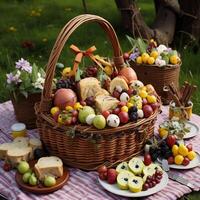 picnic basket with fruit and bread on the grass in the garden. photo