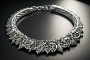 Silver necklace on a solid color background in close-up. ai generative photo