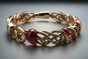Jewelry Bracelet with precious stones on a gray background. Studio shot. ai generative photo