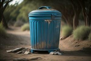 Garbage can on a colorful wall background, vintage color tone style. ai generative photo