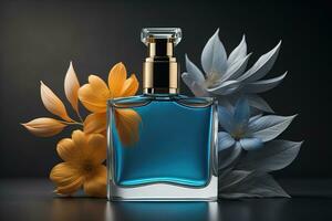 Creative and brandless Perfume bottle and flower on the wooden table,  closeup. ai generative 27677406 Stock Photo at Vecteezy