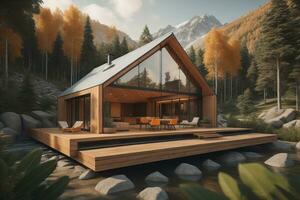 modern cozy chalet with pool and parking for sale or rent. Luxury house in the forest. ai generative photo