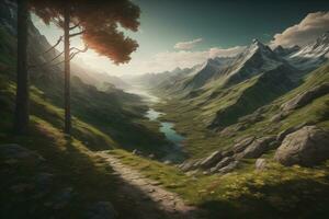 Beautiful fantasy landscape with a river in the mountains. ai generative photo