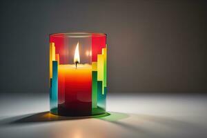 Burning aroma candle on wooden table against solid color background, copyspace. ai generative photo