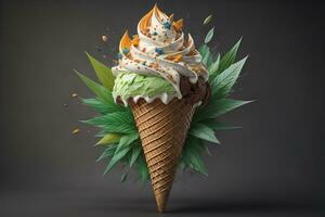 Ice cream in waffle cone on blue background, top view, flat lay. ai generative photo