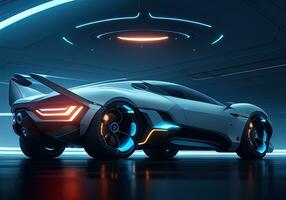 Futuristic black sports car in neon light. ai generative photo