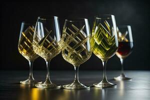 Wine glasses on a wooden table against the background. ai generative photo