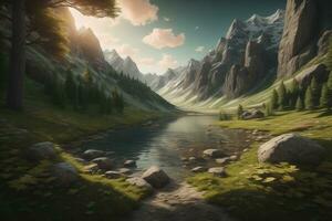 Beautiful fantasy landscape with a river in the mountains. ai generative photo