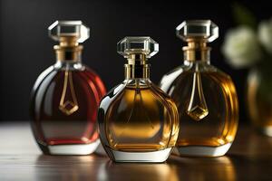 Creative and brandless Perfume bottle and flower on the wooden table, closeup. ai generative photo