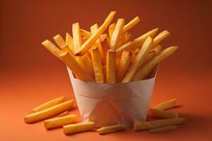 apetitoso francés papas fritas en el de madera mesa, de cerca foto