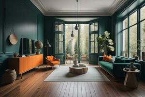 Interior of modern living room with green walls, wooden floor, green sofa and round coffee table. ai generative photo