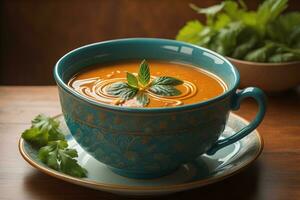 Vegetable soup in a bowl on wooden background. ai generative photo