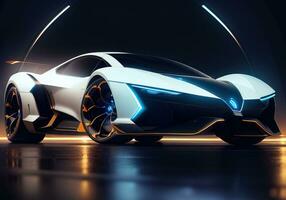 Futuristic black sports car in neon light. ai generative photo