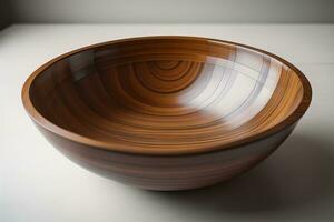 Empty wooden bowl on wooden background. Top view. Copy space. ai generative photo