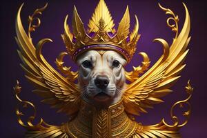 Portrait of a cute dog in a golden crown on a solid color background. ai generative photo