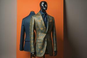 Stylish suits on mannequins on solid color background, closeup. ai generative photo