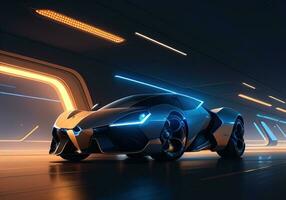 Futuristic black sports car in neon light. ai generative photo