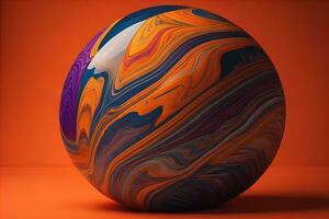 Colorful marble ball on a solid colour background. Close-up. ai generative photo