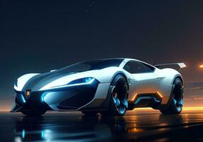 Futuristic black sports car in neon light. ai generative photo