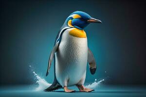 Cute penguin standing in front of solid color background. ai generative photo