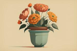 Flowerpot with daisies. Vector illustration in retro style. ai generative photo