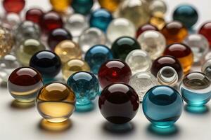 Colorful glass marbles on a the table. Selective focus. ai generative photo