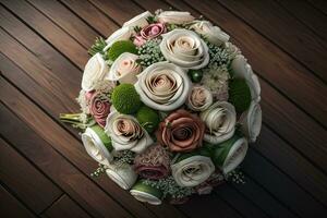 Beautiful bridal bouquet of different flowers on a dark background. ai generative photo