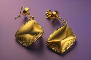 Earrings made of gold on a solid color background close up. ai generative photo