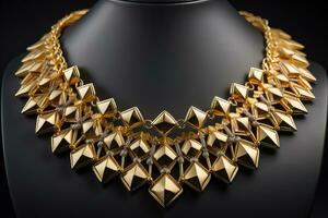 Gold necklace on a mannequin on a black background. ai generative photo