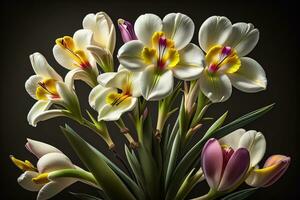 ramo de flores de azafrán y tulipanes en sólido color antecedentes. ai generativo foto