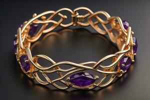 Jewelry Bracelet with precious stones on a gray background. Studio shot. ai generative photo